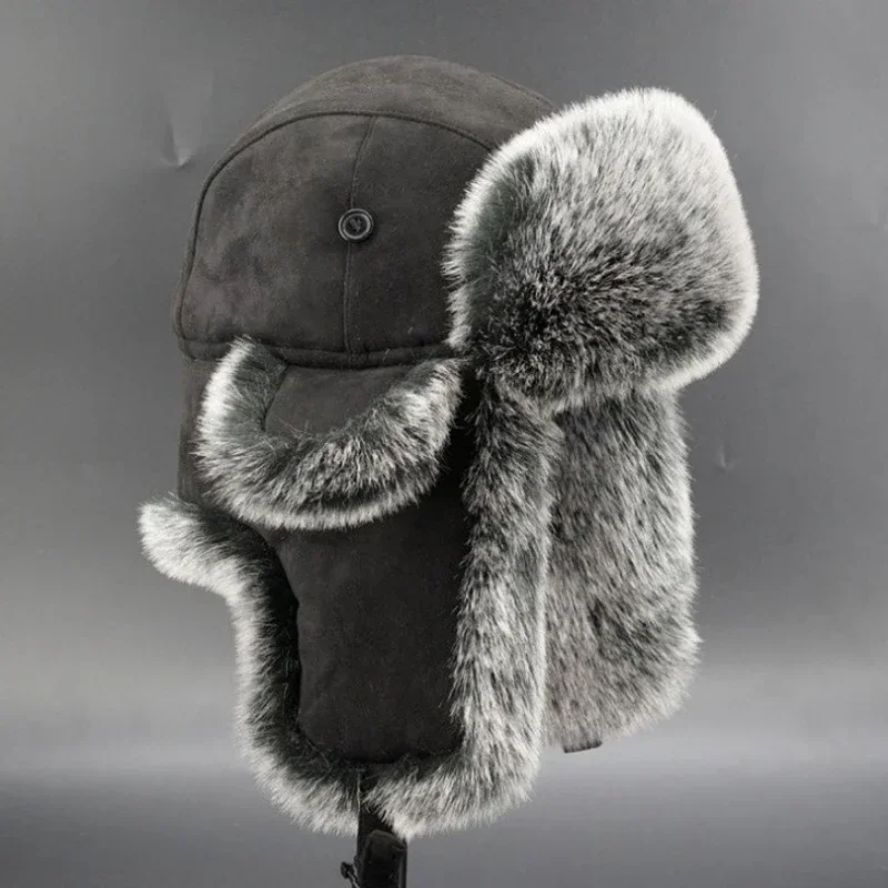 Top Trends: Winter Russian Man & Woman Wholeskin Natural Rex Rabbit Fur Hats Luxury Real Sheep Skin Leather Cap Unisex Real Fur Bomber Hat Shoppable Styles