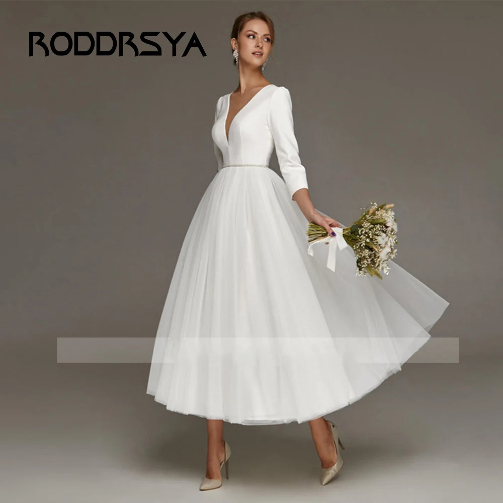 Top Trends: RODDRSYA Elegant Wedding Dresses For Bride Simple Ankle Length Bridal Gowns A-Line V-Neck 3 / 4 Sleeves Simple Short Robes Mariee Shoppable Styles - Image 2