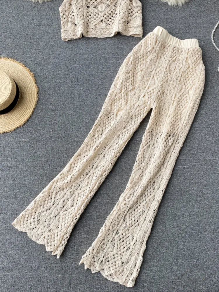 Top Trends: Women Summer Sexy Sleeveless Hollow Out Knitted Short Strap Tops Long Flare Pants Two Piece Suits Boho Beach Clothing Shoppable Styles - Image 3