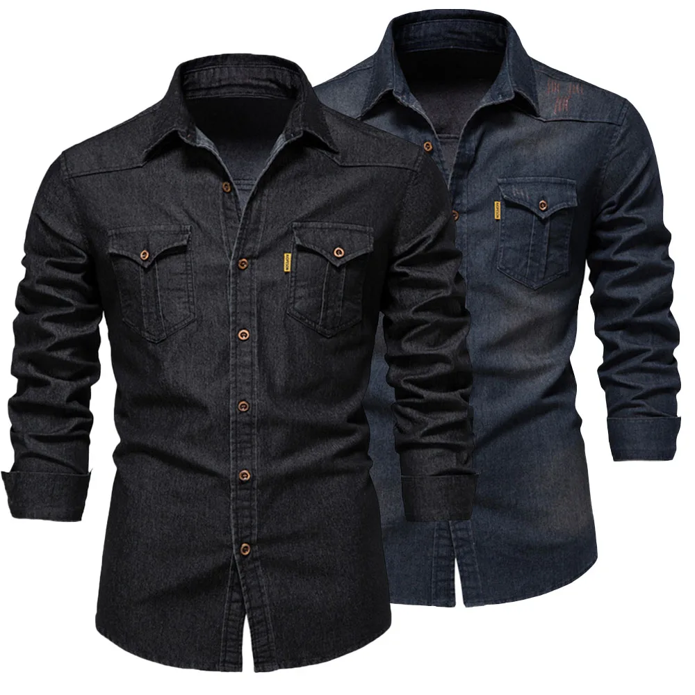 Top Trends: Fashion Autumn Cotton Denim Shirts Men Casual Long Sleeve Quality Cowboy Shirt Solid Color Slim Fit Elastic Jean Shirts For Men Shoppable Styles