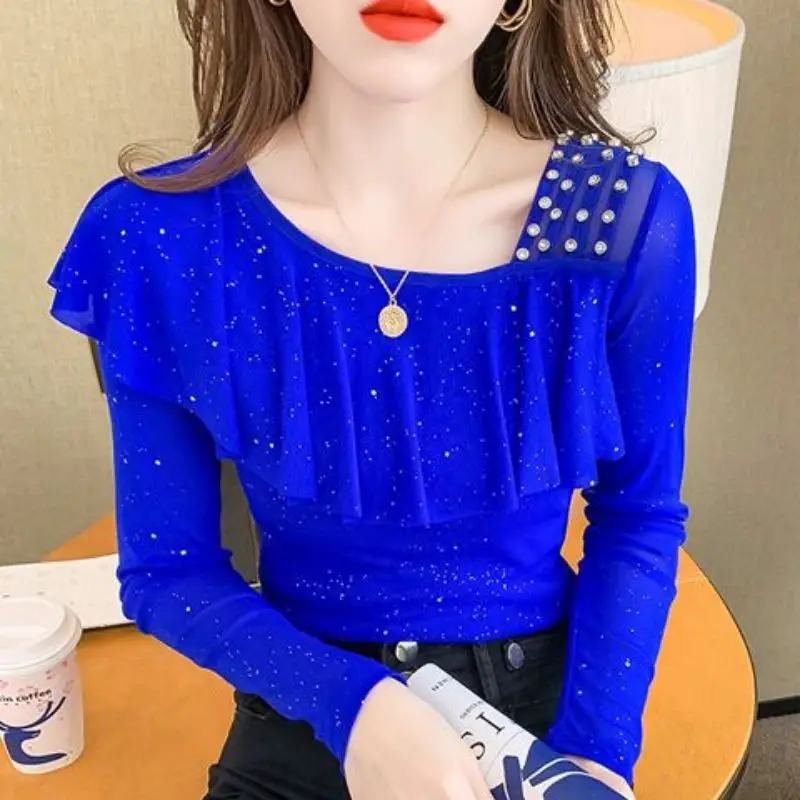 Top Trends: Sweet Skew Collar Spliced Gauze Ruffles Beading Blouse Female Clothing 2023 Spring New Casual Pullovers Irregular Shirt Shoppable Styles