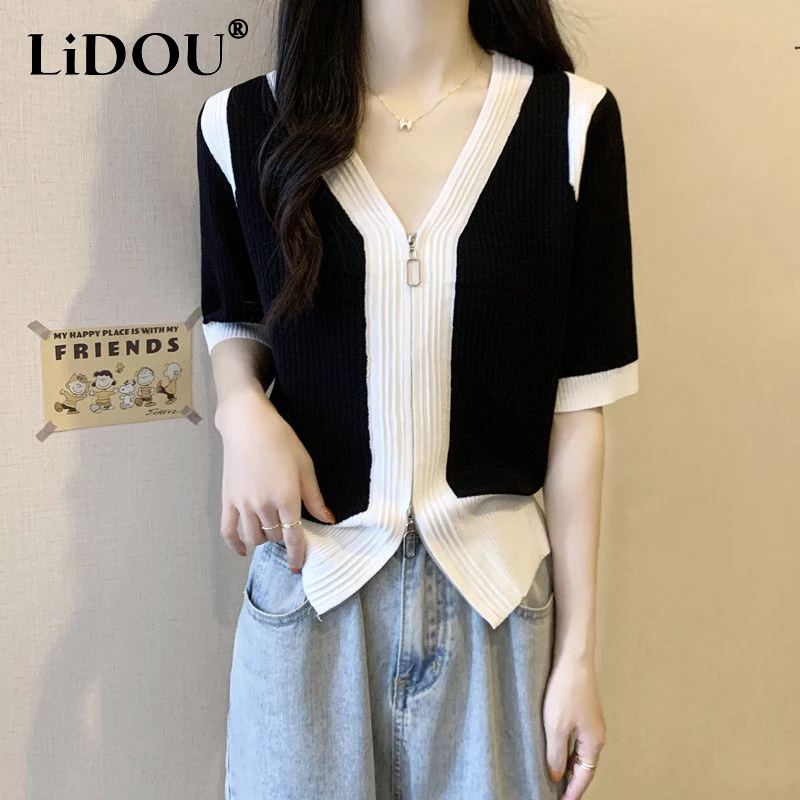 Top Trends: Summer New Korean Fashion Simple Patchwork Zipper Tees Ladies Short Sleeve Casual Cardigan Top Women Streetwear All-match T-shir Shoppable Styles