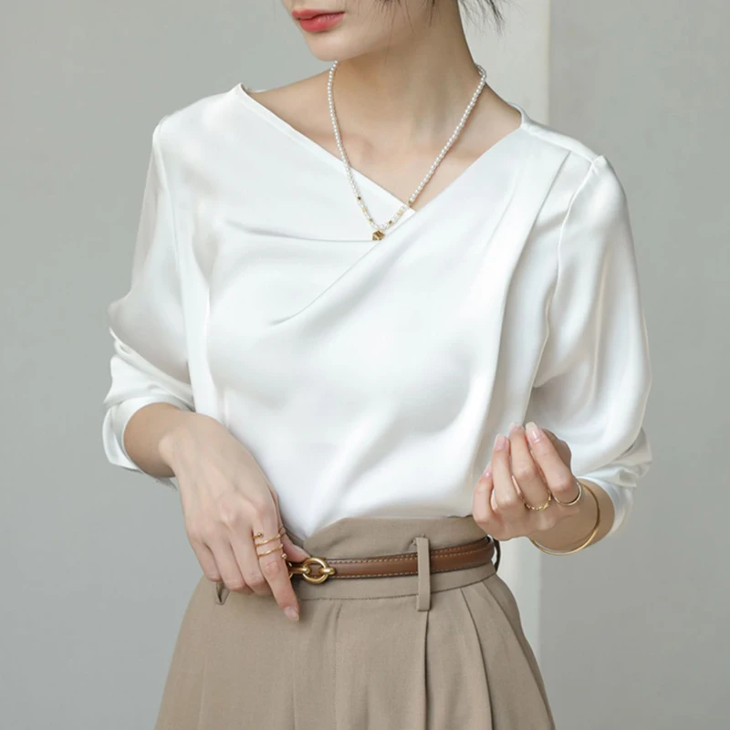 Top Trends: Satin Women's Shirts New Silk Solid Casual Blouses Loose Spring / Summer Ladies Clothing FASHION Long Sleeves White Tops Shoppable Styles