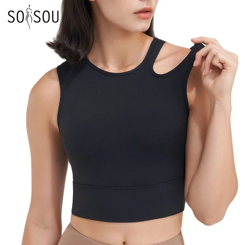 Top Trends: SOISOU Lycra Top Women Bra Sports Vest Gym Yoga Crop Tops Women Elastic Breathable Chest Pad Removable Sexy Shoulders Shoppable Styles