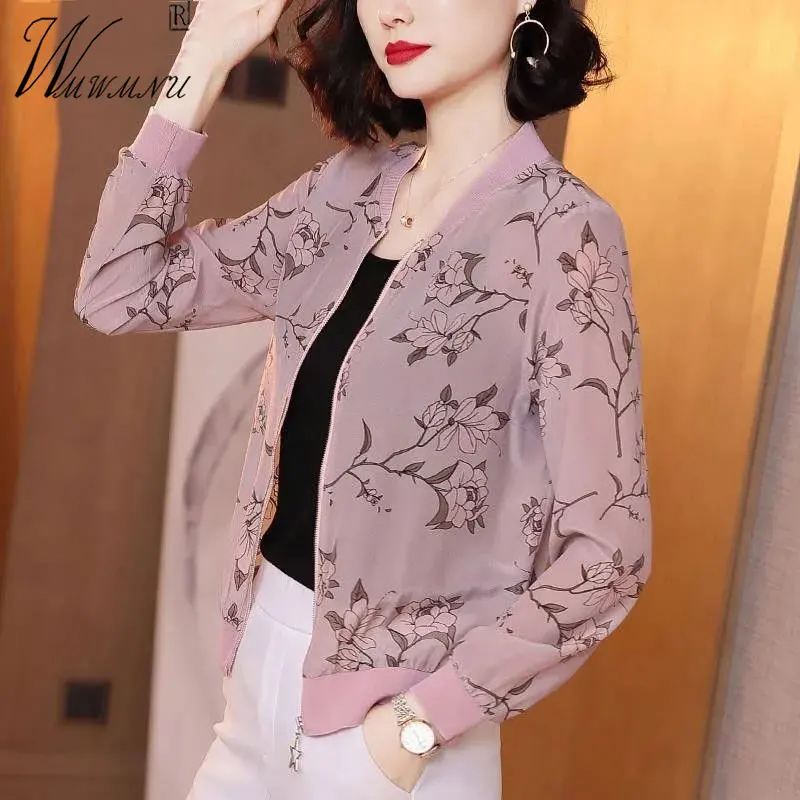 Top Trends: Korean Fashion Print Chiffon Jacket Pink Lightweight Bomber Outerwear Women Loose Oversize Summer Chaqueta Sun Protection Tops Shoppable Styles