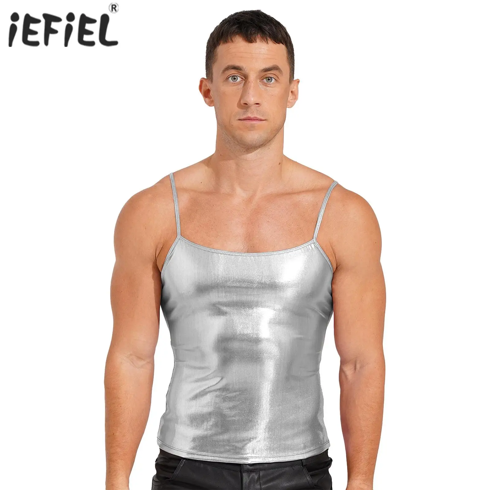 Top Trends: Mens Shiny Patent Leather Spaghetti Straps Sleeveless Vest Top Metallic Yoga Jazz Dance Hip Hop Costume Performance Camisole Shoppable Styles