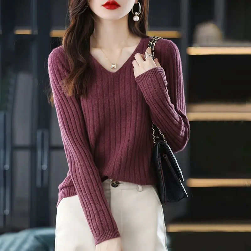 Top Trends: Autumn Winter Elegant Fashion Harajuku Slim Fit Tops Women Loose Casual All Match Knitwear Insert V Neck Long Sleeve Sweaters Shoppable Styles