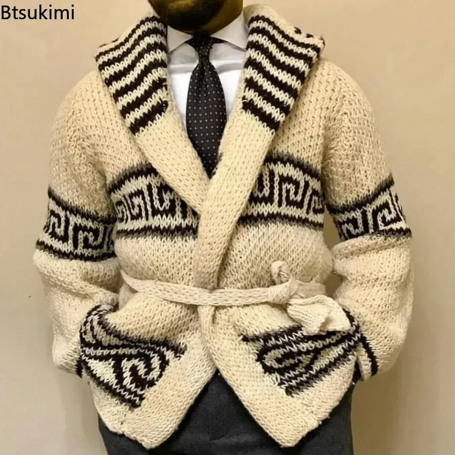 Top Trends: 2024 Men&#039;s Warm Sweater Cardigan Autumn Winter Retro Jacquard Knitted Sweater Male Thicker Lace-Up Waist Cardigan Sweater Coats Shoppable Styles