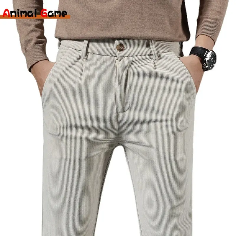 Top Trends: Spring Autumn Corduroy Work Stretch Pants Men Business Fashion Slim Fit Grey Black Casual Pant Male Brand Trousers Shoppable Styles