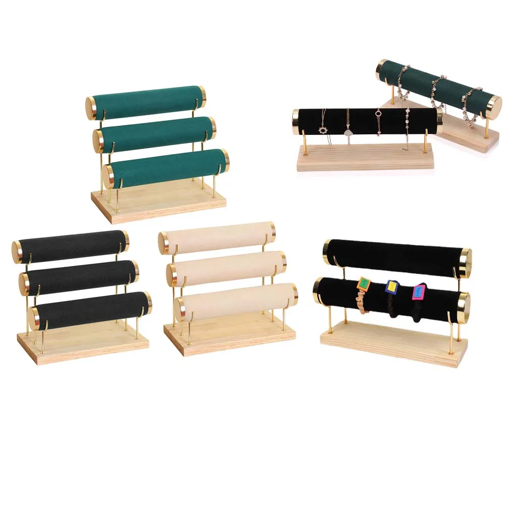 Top Trends: Bamboo Wood Velvet Bracelet Chain Watch T-Bar Rack Jewelry Hard Display Stand For Store Bangle Necklace Organizer Headband Rack Shoppable Styles