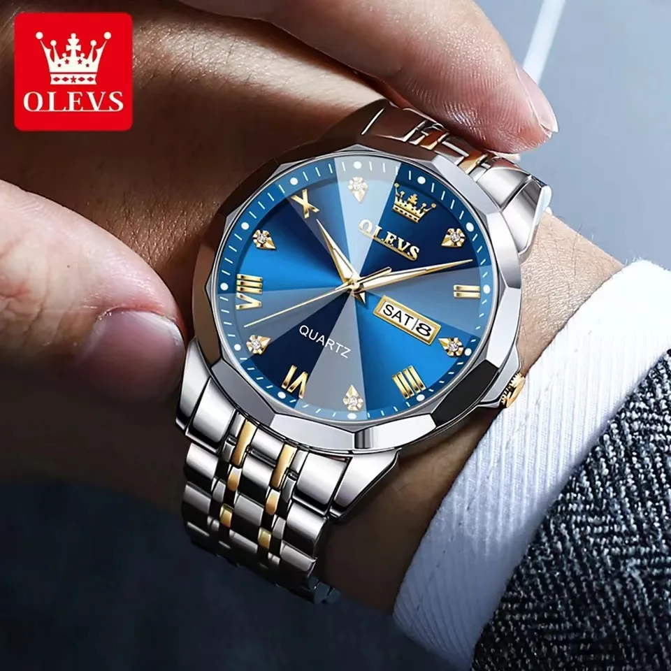 Top Trends: OLEVS Men's Watches Rhombus Mirror Original Quartz Watch For Man Waterproof Luminous Stainless Steel Wristwatch Male Date Week Shoppable Styles - Image 3