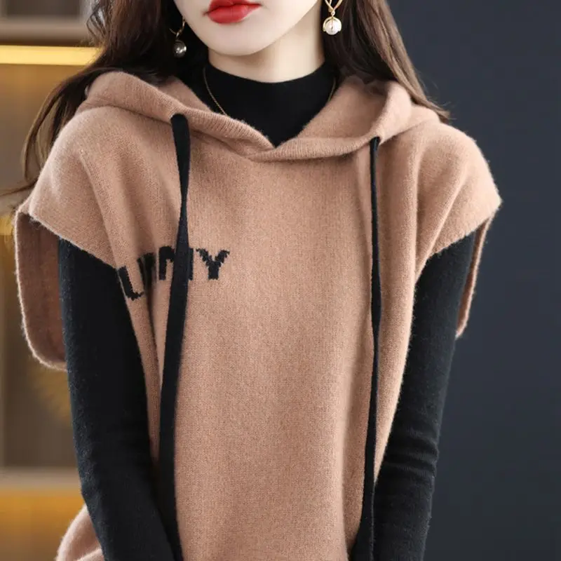 Top Trends: Women&#039;s Solid Hooded Collar Drawstring Patchwork Sweater Autumn And Winter New Loose Fashion Sleeveless Caps Knitted Vest Tops Shoppable Styles