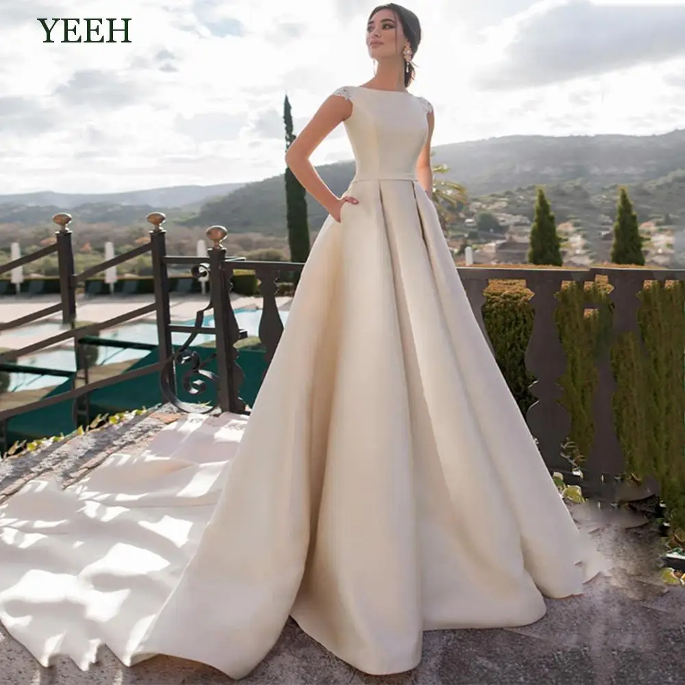 Top Trends: YEEH Plain Draped Satin A-Line Wedding Dress For Bride Princess Lace Back Robe De Soire Modern Cap Sleeves Vestido De Novia Shoppable Styles