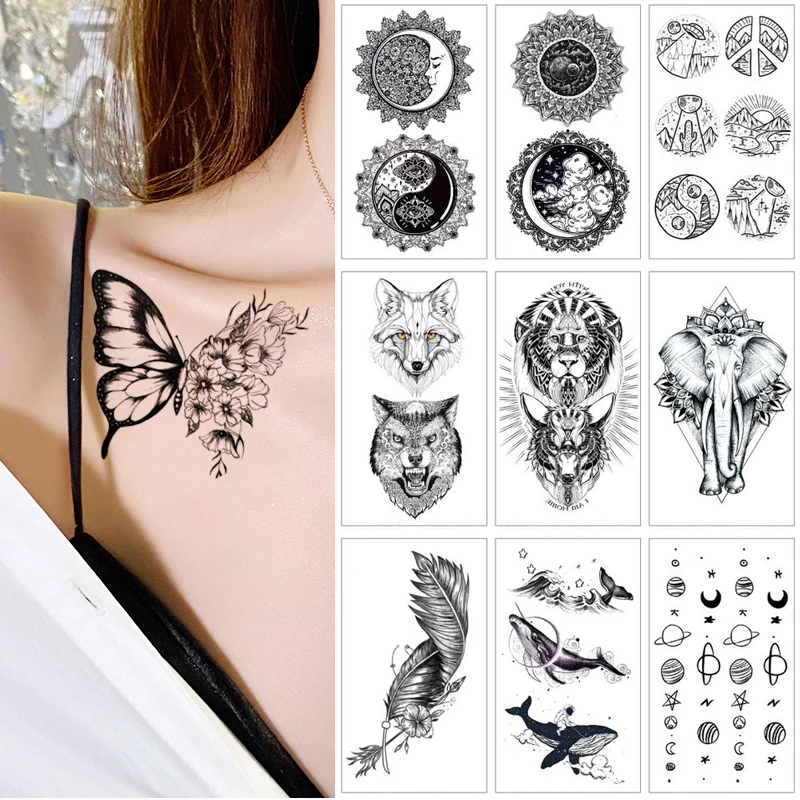 Top Trends: Goth Black Flower Moon Lion Pattern Fake Tattoo Sticker For Women Dot Peony Temporary Tattoos DIY Water Transfer Tattoos Girls Shoppable Styles