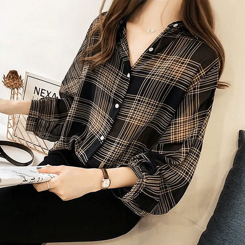 Top Trends: Fashion Casual Thin Chiffon Loose Batwing Sleeve Plaid Women Shirt 2022 Office Lady All-match Lapel Button Oversize Woman Blouse Shoppable Styles