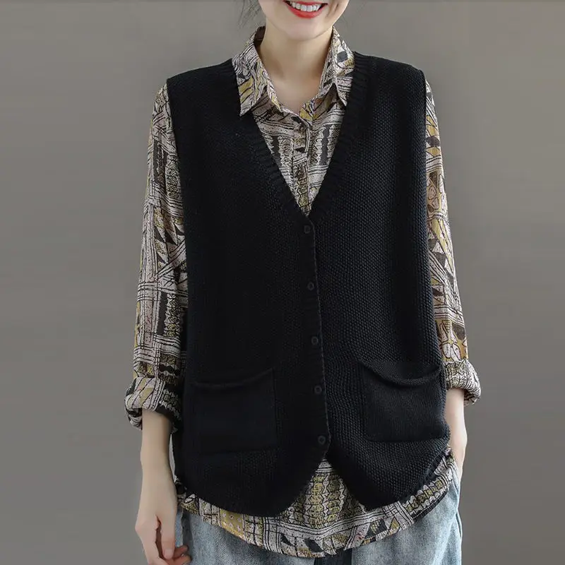 Top Trends: Autumn And Winter Women&#039;s V-neck Button Pockets Patchwork Solid Loose Sweater Fashion Casual Office Lady Sleeveless Vest Tops Shoppable Styles