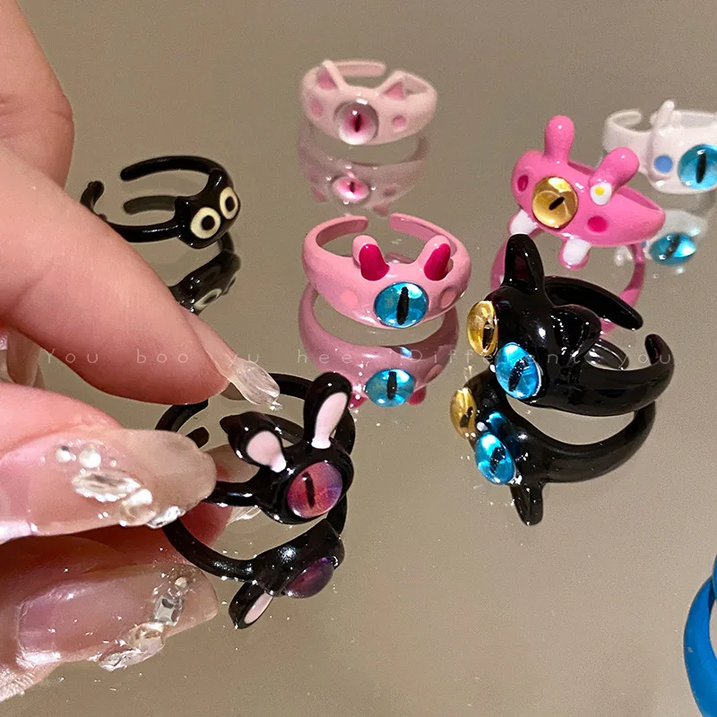 Top Trends: Kiss Jewelry Women Funny Monster Eyes Rings Cute Animals Two Color Cat Eyes Opening Y2K Finger Ring Sweet Kpop Accessories 2023 Shoppable Styles