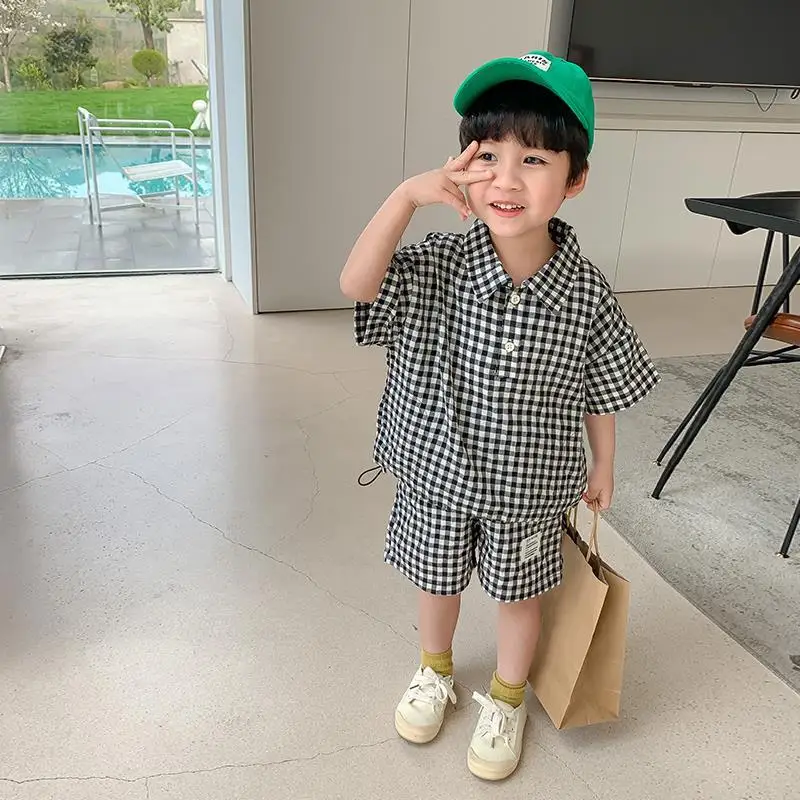 Top Trends: Children Clothing 2023 New Fashionable Boys Clothes Set Spring Summer Kids Sports Style Short Sleeves Plaid Shorts Two Piece Set Shoppable Styles