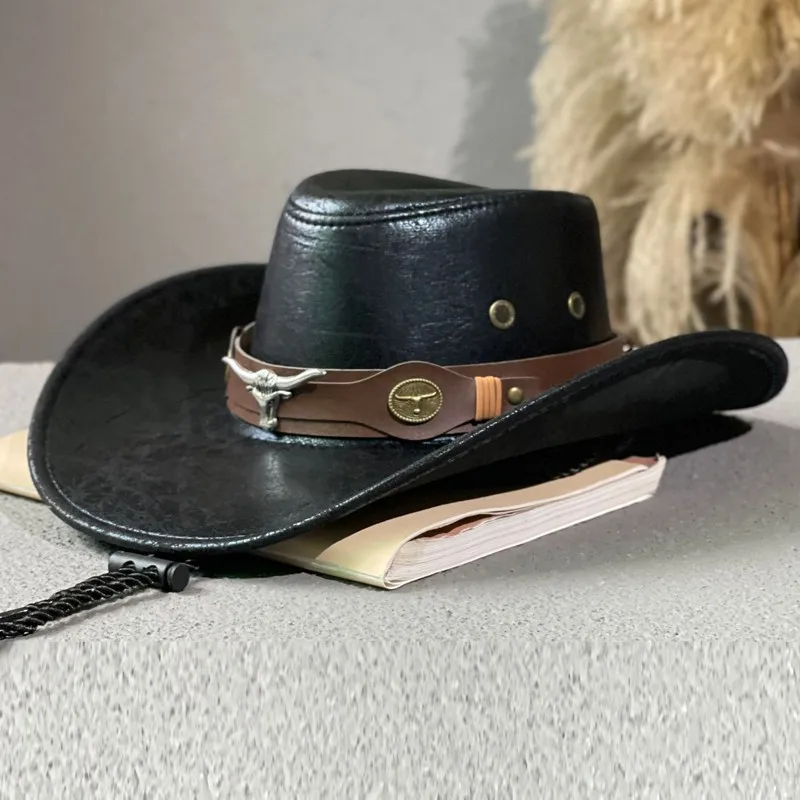 Top Trends: Women Men Faux Leather Western Cowboy Hats Cow Head Decorate Vintage Rider Panama Cowgirl Jazz Cap Sombrero Hombre Shoppable Styles - Image 3