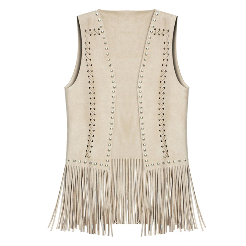 Top Trends: Suedette V-Neck Front-Open Fringe Sleeveless Cardigan Short Hollow Gilet Vest With Rivets For Ladies Dropshipping Shoppable Styles