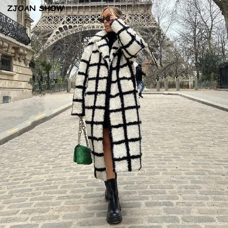 Top Trends: Winter Notched Collar Plaid Hairy Shaggy Faux Fur Long Teddy Coat Woman Shearling Fluffy X-Long Jackets Keep Warm Outerwear Shoppable Styles