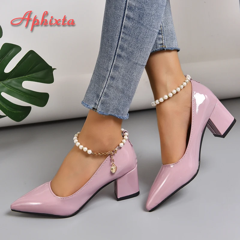 Top Trends: Aphixta 5cm 7cm Chunky Heels Women Pumps Crystals Pearl Chain Ankle Strap Shoes Leisure Fashion Patent Leather Plus Size 30-50 Shoppable Styles