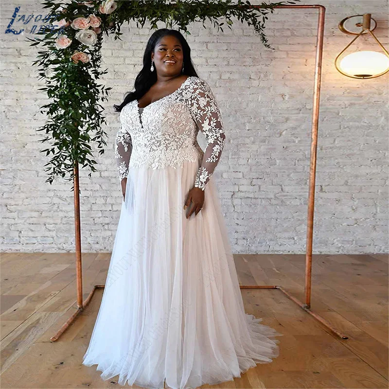 Top Trends: LAYOUT NICEB Plus Size Wedding Dresses Lace Long Sleeves Bride Gown Applique V-Neck Vestido Noiva Boho Tulle A-Line Custom Made Shoppable Styles