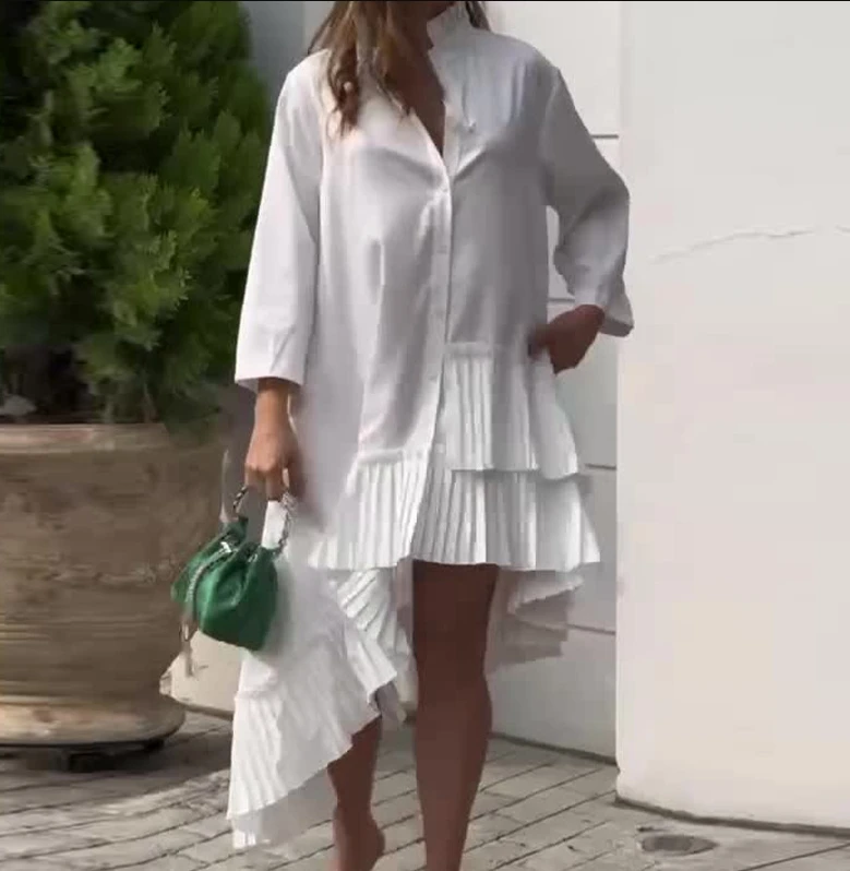 Top Trends: Women's Dress 2024 New Spring Irregular Dress Loose Solid Color Stand Up Collar Pleated Hem Shirt Short Skirt Large Hem Dress Shoppable Styles