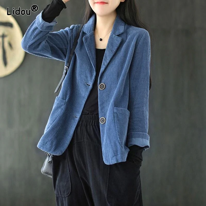 Top Trends: 2023 Spring And Autumn Simple Commuting Style Versatile Suit Collar Pit Stripe Loose Casual Solid Color Long Sleeved Suit Coat Shoppable Styles