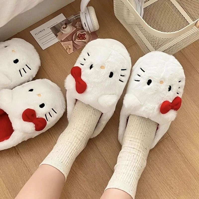 Top Trends: Sanrio Hello Kitty Cartoon Plush Slipper For Women Kawaii Cute Anime Warm Flats Casual Indoor Cotton White Shoes Shoppable Styles