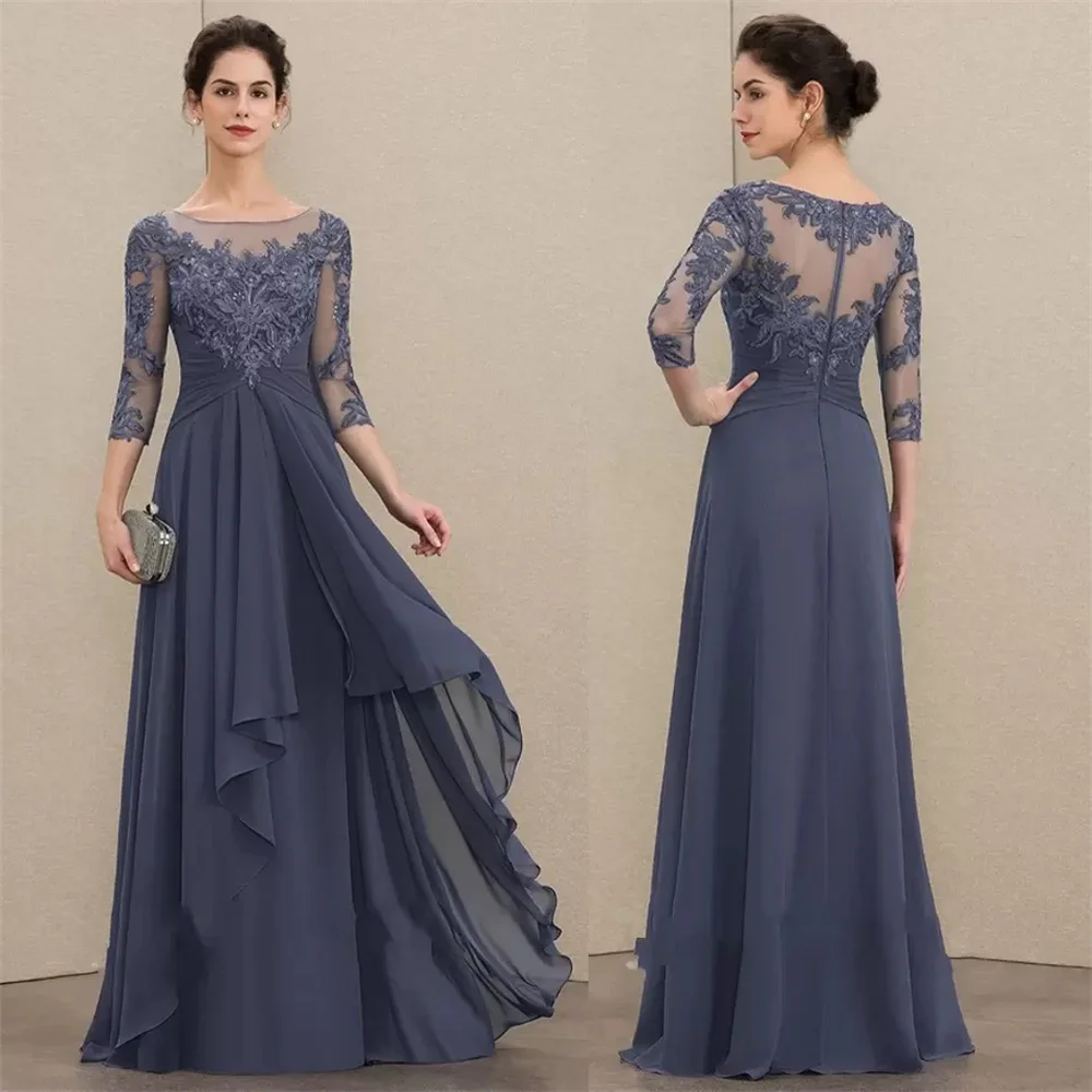 Top Trends: Elegant Navy Blue A-Line Scoop Neck Floor-Length Chiffon Lace Mother Of The Bride Dresses With Cascading Ruffles Prom Evening Go Shoppable Styles