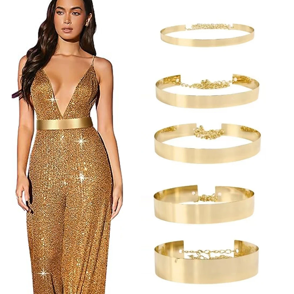 Top Trends: Fashion Full Metal Wide Waist Belt Mirror Gold Silver Plate Dress Belts With Adjustable Chain Ladies Shiny Polished Waist Belts Shoppable Styles