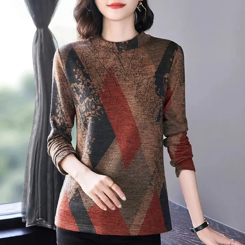 Top Trends: Women&#039;s Round Neck T-shirt 2023 Autumn And Winter Fashion Contrast Color Printed Argyle Loose Fitting Long Sleeved Pullover Tops Shoppable Styles