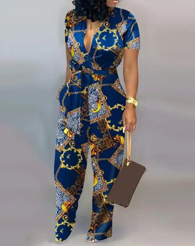 Top Trends: 2023 Woman Long Jumpsuits Elegant Baroque Print Tied Detail Wide Leg Jumpsuit New Fashion Casual One Pieces Female Clothing Shoppable Styles