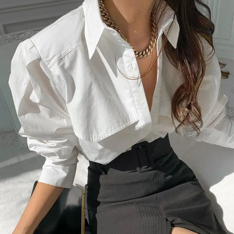 Top Trends: Deeptown Elegant White Chiffon Blouses Women Cotton Chic Puff Sleeve Old Money Style Long Sleeve Shirts Casual Loose Office Wear Shoppable Styles