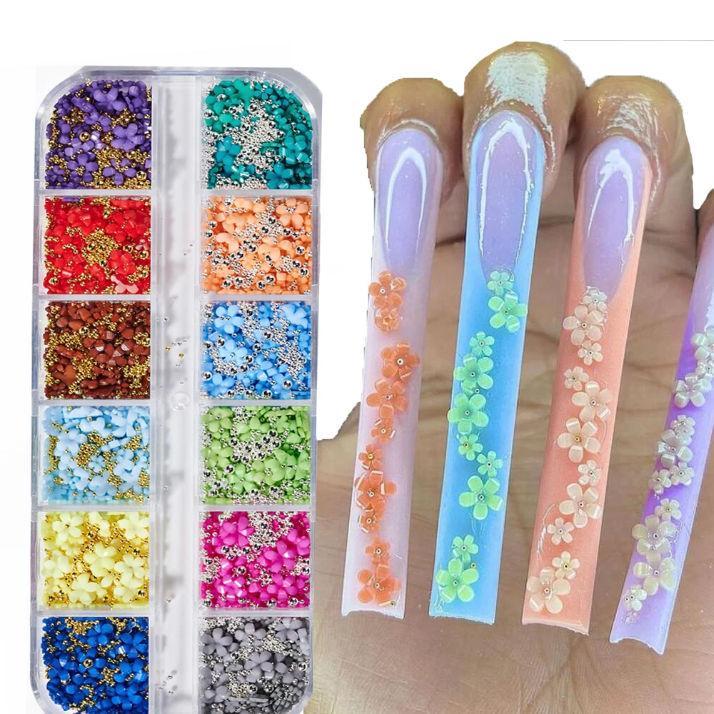 Top Trends: Flower Nail Charms, 1 Box 12Grids Acrylic Flower Nail Art Rhinestones With Gold Silver Pearl Bead Spring Blossom Petal Shoppable Styles