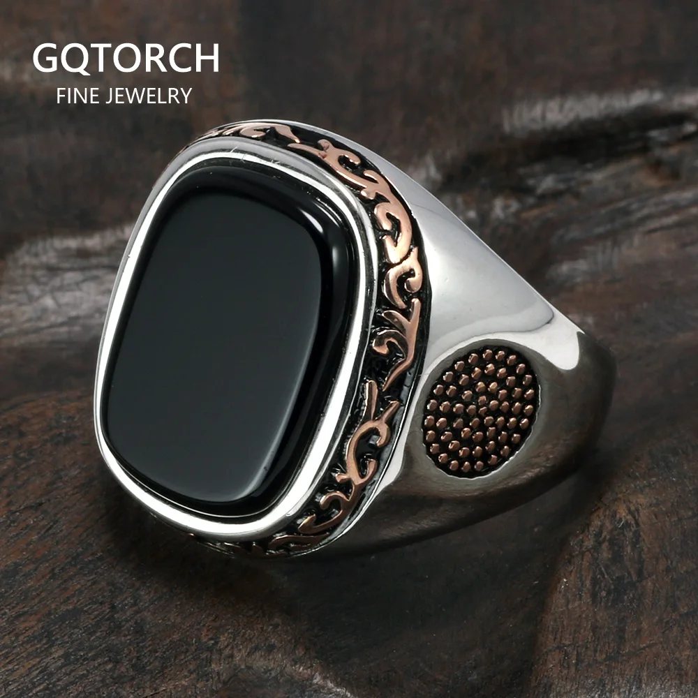 Top Trends: Real Pure Mens Rings Silver S925 Retro Vintage Turkish Rings For Men With Natural Black Onyx Stones Turkey Jewelry Shoppable Styles