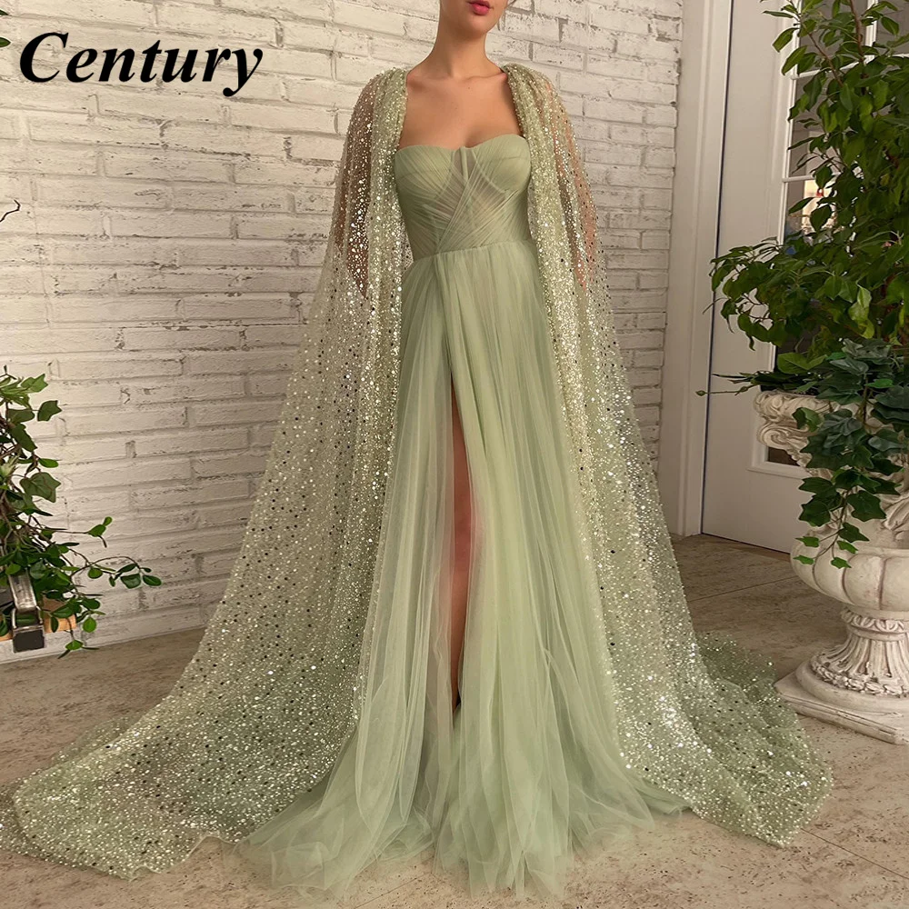 Top Trends: Century Sage Green A-Line Prom Dresses With Glitter Sequin Lace Cape Sweetheart High Slit Maxi Evening Gowns Formal Party Dress Shoppable Styles