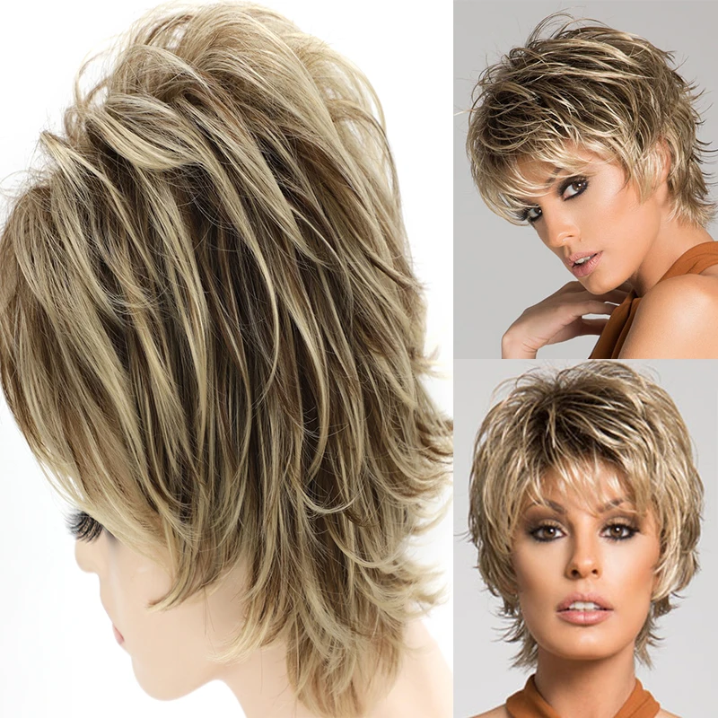 Top Trends: Pixie Cut Blonde Short Synthetic Wig With Bangs Loose Wave Curly Ombre Mommy Hairstyle Daily Party Wigs For Women Perruque Shoppable Styles