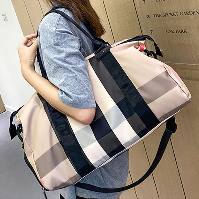 Top Trends: Plaid Travel Bag Luggage Handbag Women Shoulder Bag Large Capacity Outdoor Waterproof Nylon Sports Gym Bag Female Crossbody Bag Shoppable Styles