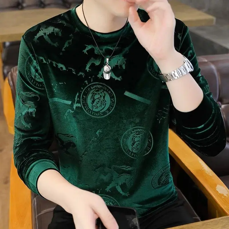 Top Trends: Autumn Winter New Round Neck Jacquard Casual Sweatshirt Male Solid Color Tee Top Homme Loose Fashion All-match Velvet Pullovers Shoppable Styles