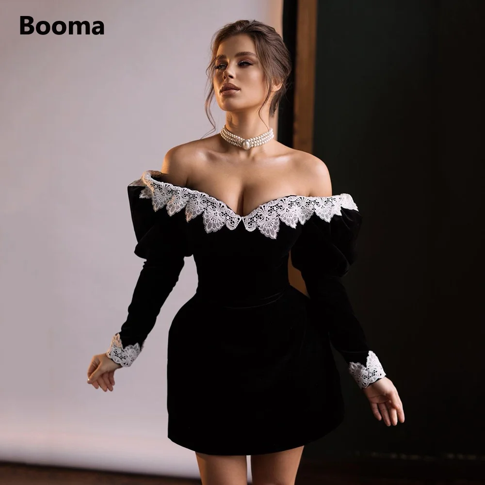 Top Trends: Booma Black Off Shoulder Velvet Short Prom Dresses Long Sleeves Lace Mini Cocktail Dresses Open Back Above Knee Formal Gowns Shoppable Styles