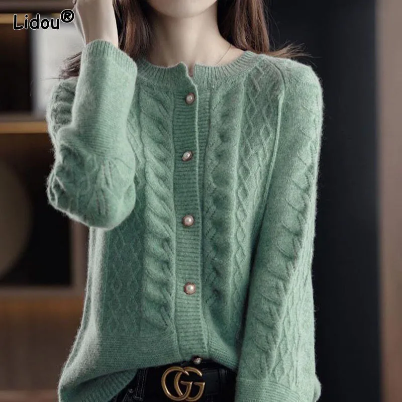 Top Trends: Solid Korean Pearl Buckle Thick O-Neck Women&#039;s Clothing Screw Thread Sweaters Single Breasted Knitting Autumn Winter Cardigan Shoppable Styles