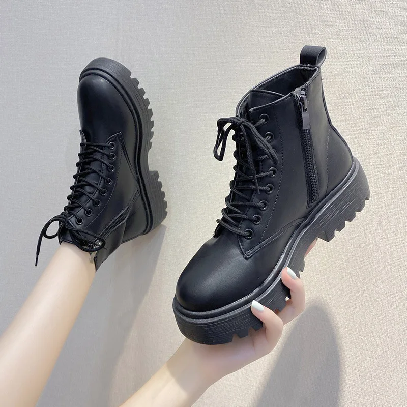 Top Trends: Plus Size 42 43 Women Motorcycle Ankle Boots Wedges Female Lace Up Platforms Black Leather Oxford Shoes Woman 2022 Botas Mujer Shoppable Styles