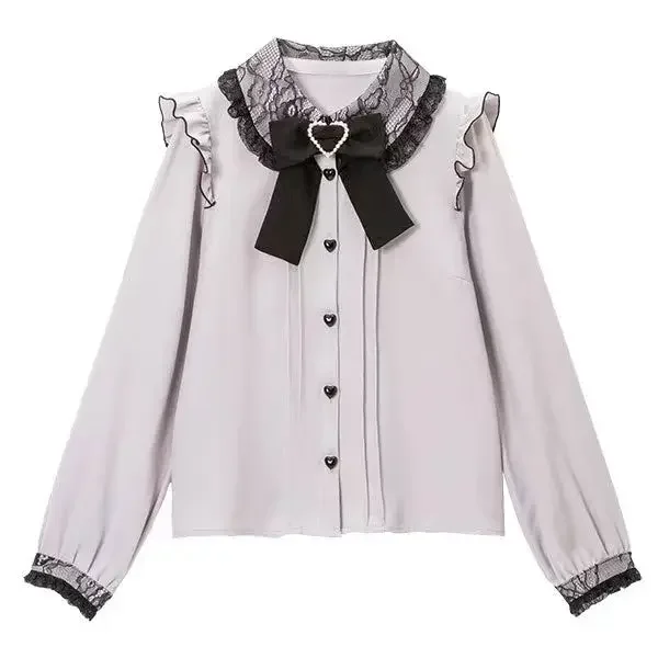 Top Trends: Women's Japanese Style Rojita Bottoming Shirt 2023 Spring New Sweet Ruffles Long Sleeve Tops Love Heart Blouses Camisa Feminina Shoppable Styles