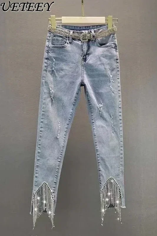 Top Trends: Street Heavy Industry Rhinestone Tassel Skinny Blue Denim Pants Women Autumn New High Waist Jeans Stretch Trousers Cropped Pants Shoppable Styles