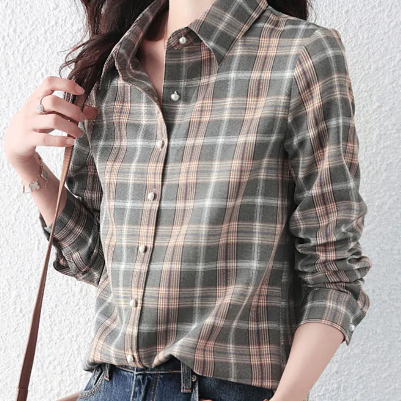 Top Trends: Women&#039;s Clothing Fashion Plaid Shirt 2023 Spring Autumn Streetwear Long Sleeve Turn-down Collar All-match Loose Casual Blouse Shoppable Styles