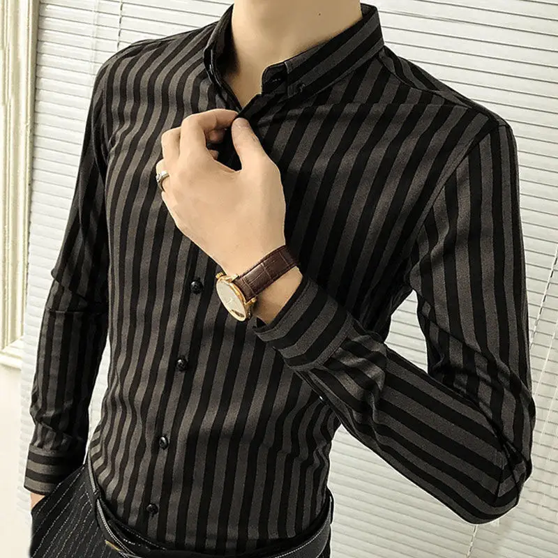 Top Trends: Korean Trendy Printed Striped Shirt Men Autumn Winter New Lapel Buttons Fashion Casual Versatile Business Slim Long Sleeved Top Shoppable Styles