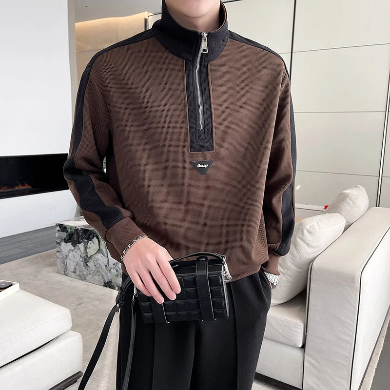 Top Trends: Autumn Winter Polo-neck Loose Casual Waffle Printing Sweatshirt Homme Long Sleeve Fashion All-match T-shirt Top Men Pullover Tee Shoppable Styles