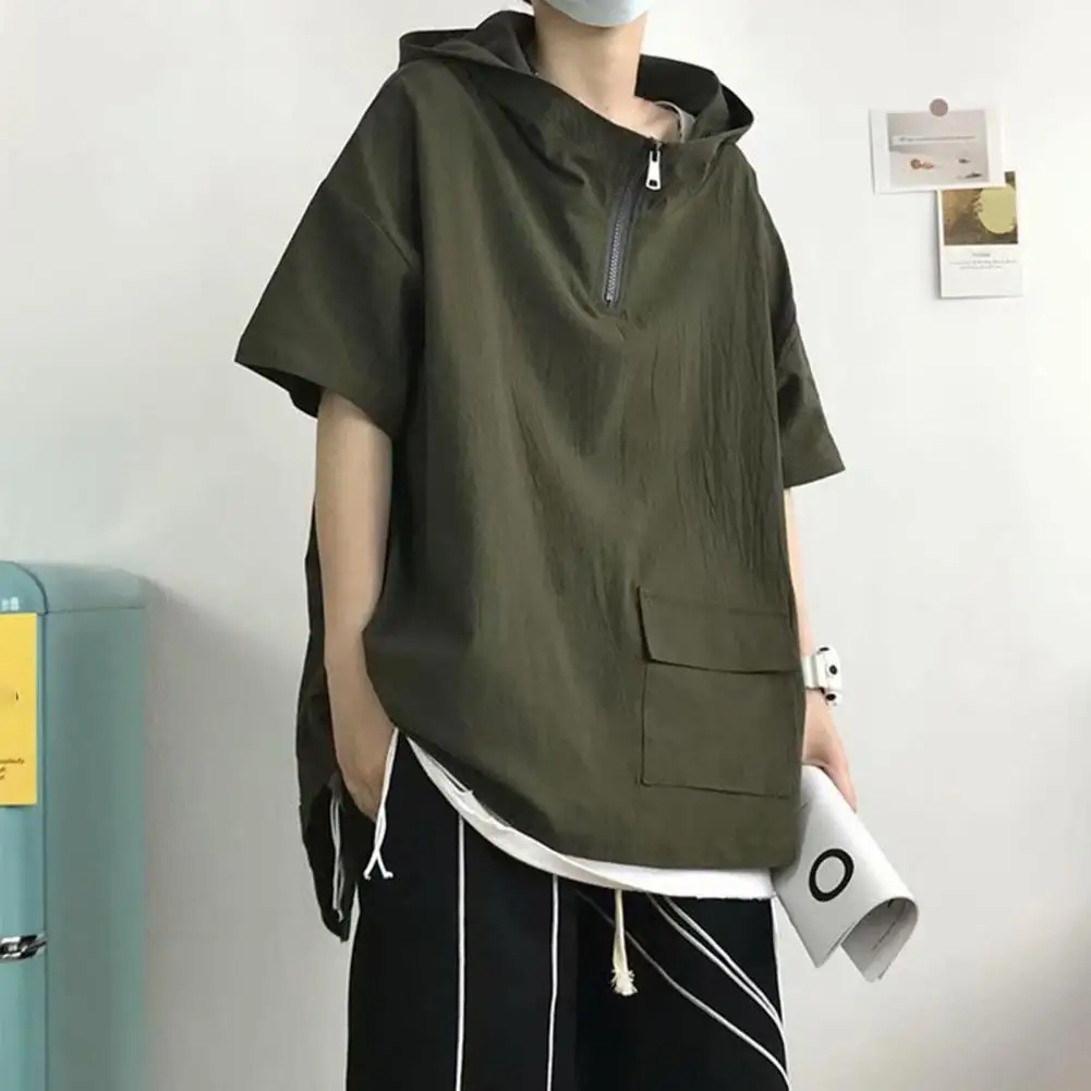 Top Trends: Men Short Sleeve Hoodie Sweatshirt Solid Loose Zipper Fashion Zip Up Pocket Hip Hop Harajuku Hooded Summer Sweatshirts Pullover Shoppable Styles